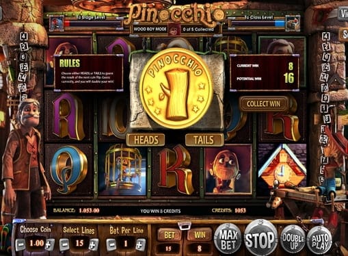 Раунд на удвоение в онлайн игре Pinocchio 